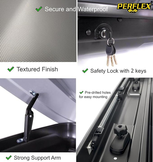 Perflex Journey Roof Cargo Box Carrier 14.8 Cubic Feet Car Top Mount Travel Luggage Storage, Passenger Side Opening, 130 Lbs Weight Capacity, Keys, Strap (Silver)