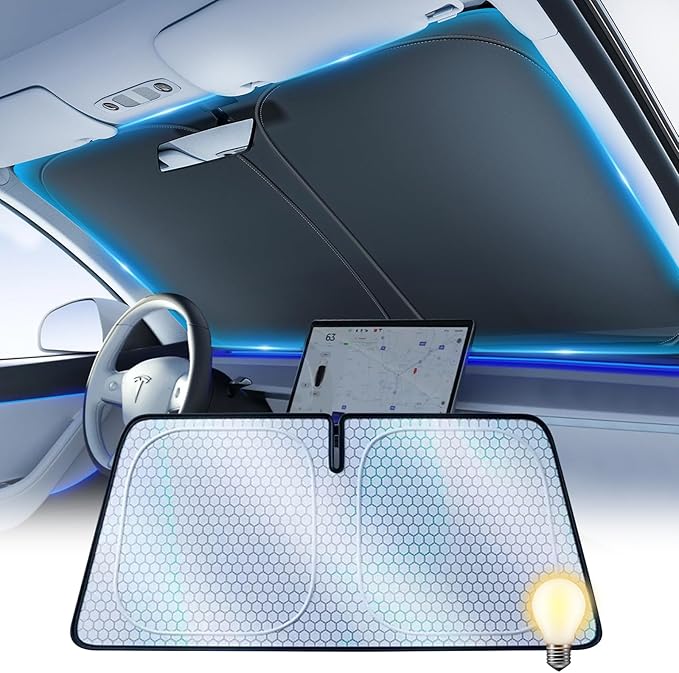 [2026 Upgraded] FOURDOPLI Graphene Dual-Layer Car Windshield Sun Shade for 2016-2026 Tesla Model S, Foldable car Window Shades with Includes Storage Bag, Block UV Rays Keep Car Cool