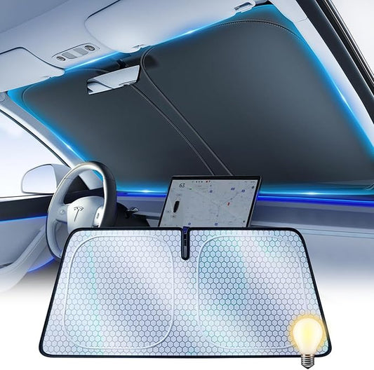 [2026 Upgraded] FOURDOPLI Graphene Dual-Layer Car Windshield Sun Shade for 2016-2026 Tesla Model S, Foldable car Window Shades with Includes Storage Bag, Block UV Rays Keep Car Cool