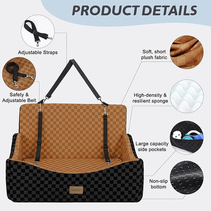 JOEJOY Dog Car Seat for Medium/Large Dogs - Reversible Dual-Sided Travel Dog Car Bed with Memory Foam, Washable Pet Booster Seat for Dogs up to 55 lbs or 2 Small Dogs, 2 Safety Leashes, Brown