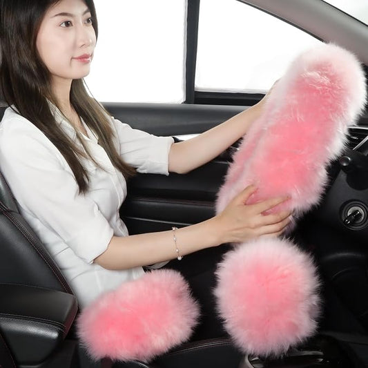 Fuzzy Genuine Sheepskin Steering Wheel Cover Set for Women Parents-Fluffy Soft Australian Merino Wool Fur Wrap with Gear Shift and Hand Brake Covers, Cozy Stylish Luxury Girl Car Accessories (Pink)