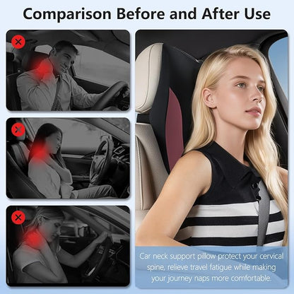 BABUR Car Neck Pillow for Driving Seat, Memory Foam Car Headrest Pillow, Ergonomic Neck Support, Breathable Removable Cover, Adjustable Strap, Pain Relief for Long Drives, Universal Fit | Red