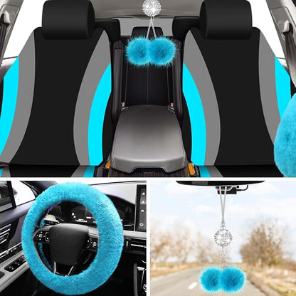 ROCEEI 43 Pcs Car Seat Cover Full Set for Women Christmas Fuzzy Car Accessories Fluffy Steering Wheel Cover Front Rear & Belt Handbrake Shift Accessory for Winter (Lake Blue)