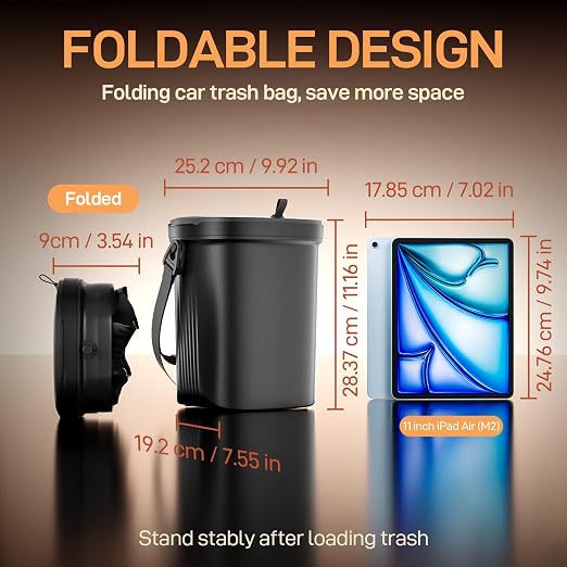 Waretary Trash Can for Car Garbage: Leakproof Silicone Car Waste Bin w/Lid for Drivers and Passengers; 2 Gallon Garbage Container for Vehicle, Sedan, SUV, Van, MPV & Truck (Black)