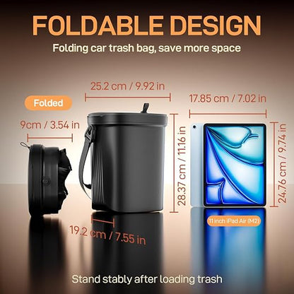 Waretary Trash Can for Car Garbage: Leakproof Silicone Car Waste Bin w/Lid for Drivers and Passengers; 2 Gallon Garbage Container for Vehicle, Sedan, SUV, Van, MPV & Truck (Black)