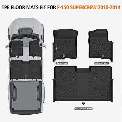 All Weather Floor Mats for 2010-2014 Ford F150 SuperCrew/Crew Cab with 1st Row Bucket Seat, TPE Rubber Floor Liners Anti-Slip Full Set Automotive Mats for 2014 F150 Accessories