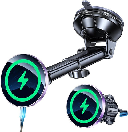 Coolpow for MagSafe Car Mount Charger【Ultra Magnet】 Magnetic Phone Holders for Your Car Charger【Windshield+Vent+Dash】 Magnetic Wireless Car Phone Holder Charger Car Mount for iPhone 17 (Purple)