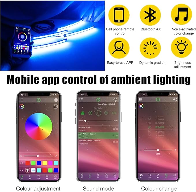 povtii Car Led Interior Lights, RBG 48 LED Multicolor Music Auto Interior Strip Light with APP Control, Waterproof Lighting Lamp Kit Under Dash with Charger, Car Accessories (USB)