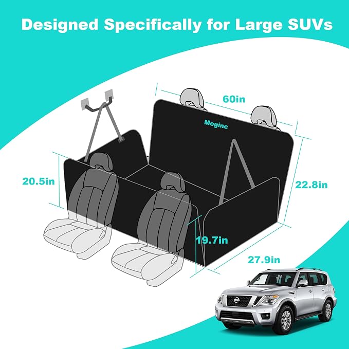 Meginc Dog Car Seat Cover for Back Seat, 60" Waterproof Dog Car Hammock with Mesh Window and Side Flaps, 600D Oxford Fabric Pet Seat Protector for Cars, SUVs & Mid-Size Trucks, Black