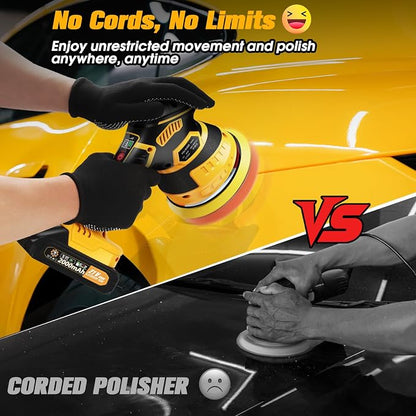 Cordless Car Buffer Polisher kit [2x 2000mAh 21V Batteries & 18 PCS Attachments] 6-Speed Orbital Design, LED Display, Lightweight Detailing Tool for Waxing, Polishing & Scratch Removal-Yellow