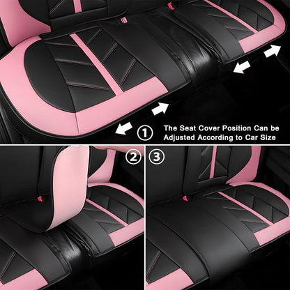 otoez Car Seat Covers Full Set, Leather Pink Seat Covers for Cars 5 Seats, Automotive Front and Rear Seat Protectors Universal Fit Most Cars Sedans SUV Pick-up Truck (Pink, with Pillows)