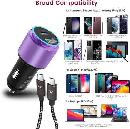 VELOGK Super Fast Type C Car Charger [73W Turbo], Fast Adaptive 55W 45W PPS/PD&QC3.0 USB C Car Adapter[Super Fast Charging 2.0]for Samsung S26/S25 Ultra/S24 Ultra/S23 Ultra/S22+/S21, iPad Pro(Purple)