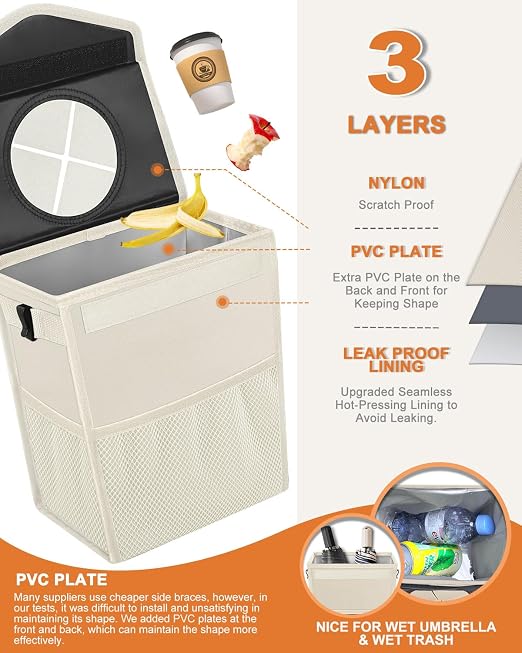 Pritent Car Trash Can with Lid, Cute Leakproof Car Trash Garbage Bag Hanging Vehicle Trash Bin Small Portable Automotive Garbage Cans Organizer for Back/Front Seat/Console(2.8 Gallons,Beige