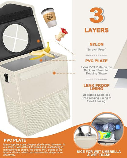 Pritent Car Trash Can with Lid, Cute Leakproof Car Trash Garbage Bag Hanging Vehicle Trash Bin Small Portable Automotive Garbage Cans Organizer for Back/Front Seat/Console(2.8 Gallons,Beige