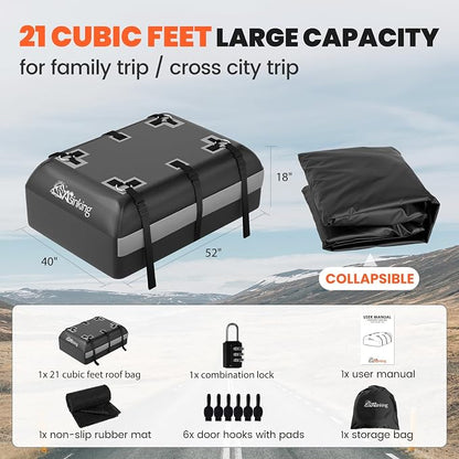 Asinking Car Rooftop Cargo Carrier Bag - 100% Waterproof Heavy Duty Car Roof Luggage Carrier 21 Cubic Feet, Fits All Vehicles with/Without Roof Rack - Easy Install & Triply Reinforced for Secure Use