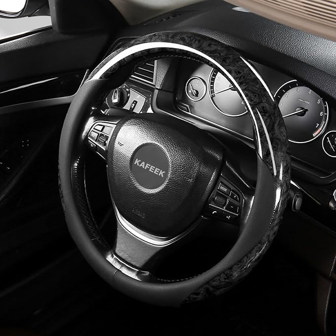 KAFEEK Wood Grain Steering Wheel Cover Microfiber Leather Universal 14 1/2-15 inch, Car Steering Wheel Cover Men Women, Comfortable, Anti-Slip, Odorless, Black