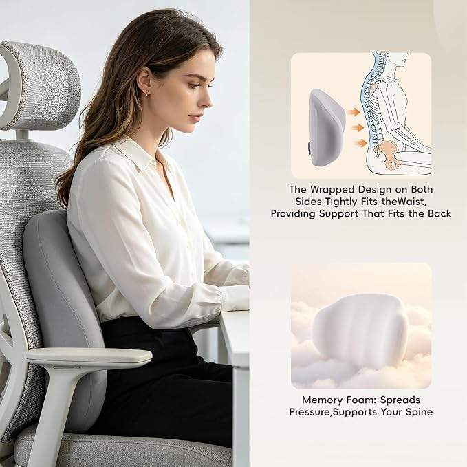 BEBAS Lumbar Support Pillow for Car & Office Chair - Ergonomic Memory Foam Back Cushion for Lower Back Pain Relief, Back Support, Removable Washable Cover, Ideal for Driving, Work, Travel - Gray