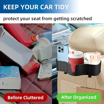 OUSHASAA 3-in-1 Car Headrest Backseat Organizer with 3.7" Backseat Cup Holder for Car, Seat Back Organizer with Hooks (2pc)