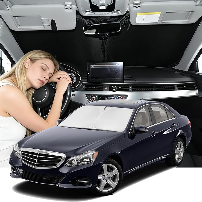 Windshield Sunshade for Mercedes E-Class Sedan 2010-2016 Front Windshield Sun Shade Upgrade 4 Layers Blocks UV Rays Custom Fit E-Class Window Sunshade Keep Cool Foldable Car Accessories