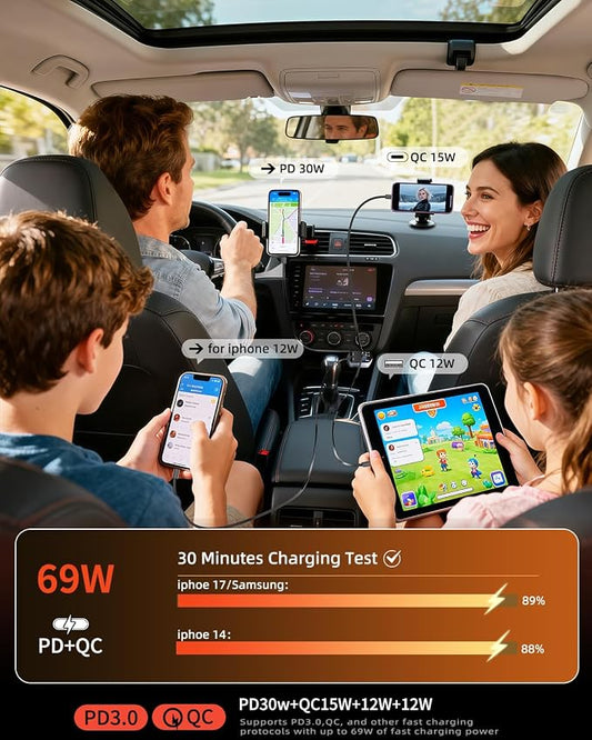 Retractable Car Charger for iPhone 17, 69W USB C 4 in 1 Fast Charging, Car Truck Accessories, Car Adapter, Road Trip Essentials Gift for Men Women, for iPhone 17 Pro Max Air 16 15 14 13, Galaxy, Pixel
