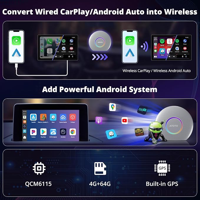 CB6 CarPlay AI Box & Android AI Box, Wireless CarPlay/AndroidAuto Adapter, Plug & Play CarWave Car Smart Box with AI DriveChat, GPS Track, Android 13, 2 BT, 4G LTE, 4G+64G, Silver