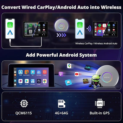 CB6 CarPlay AI Box & Android AI Box, Wireless CarPlay/AndroidAuto Adapter, Plug & Play CarWave Car Smart Box with AI DriveChat, GPS Track, Android 13, 2 BT, 4G LTE, 4G+64G, Silver