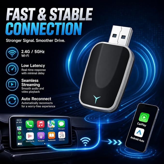 Mini Wireless CarPlay Adapter, Plug & Play Dongle, Low Latency & Stable Connection, Convert Wired to Wireless CarPlay, USB-A/C Compatible, for iPhone iOS 10+ & 2016+ Cars