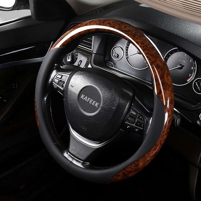 KAFEEK 16 inch Steering Wheel Cover for Ford F150 F250 F350 Ram 4Runner Tacoma Tundra Range Rover, Car Wood Grain Steering Wheel Cover Men Women, Anti-Slip, Comfortable, Odorless
