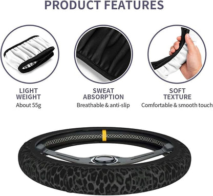 Leopard Steering Wheel Covers Non Slip Neoprene Steering Wheel Protector Cover Universal 15 Inch for Men Women (Black Green Grey)
