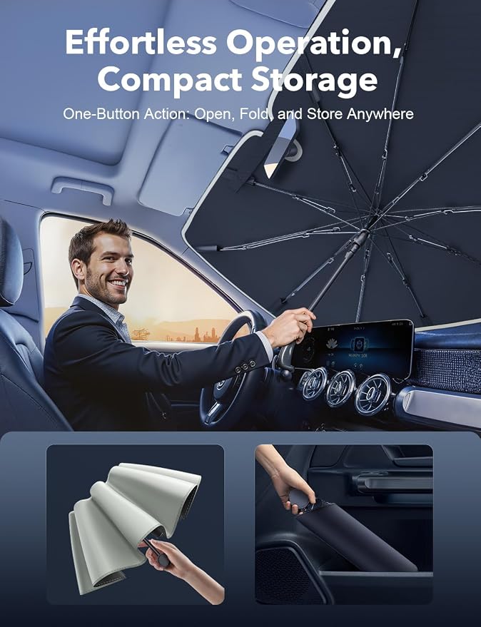 Car Windshield Sun Shade for Tesla Model 3/Y & Small Cars | Upgraded T-Cool coating blocks 99.9% UV & heat, foldable compact storage, protects dash & seats from fading