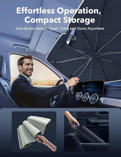 Car Windshield Sun Shade for Tesla Model 3/Y & Small Cars | Upgraded T-Cool coating blocks 99.9% UV & heat, foldable compact storage, protects dash & seats from fading