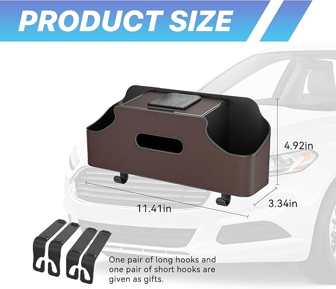 Car Seat Back Organizer, 3-in-1 Vehicle Backseat Storage Box with Cup Holder Tissue Box Trash Bin & Hooks, Multifunctional Auto Interior Headrest Organizer, Universal for SUV RV Truck (Brown)