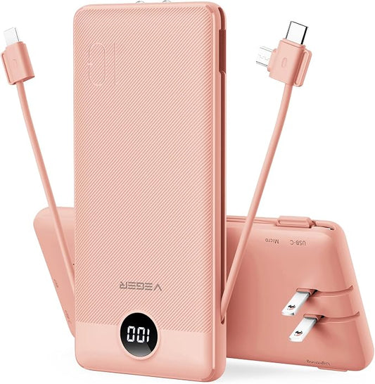 VEGER Portable Charger Power Bank with Built-in AC Plug and Cables, All in One 10000mAh Ultra Slim Travel Essentials, Fast Charging Battery Pack Compatible with iPhone, Samsung, More, Dark Pink