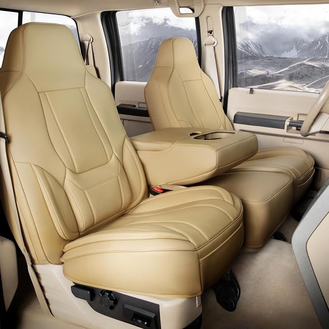 Coverland Custom Truck Car Seat Covers Front Seats for [2021-2026 Ford F150 Super, SuperCrew Cab Front Bucket Seats Rear 40/60 Bench w/o Armrest] - Protector Water Resistant Leather [Front-Beige]