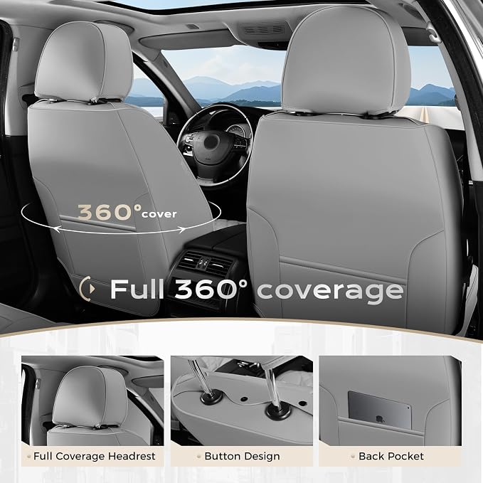 Coverado Front Seat Covers, Waterproof Nappa Leather Dust-Proof Protectors, Universal Fit for Most Vehicles, Anti-Scratch Seat Covers for Sedans, SUVs, Pickup Trucks – Gray