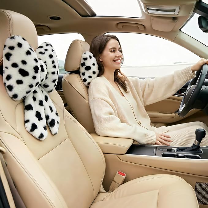 Sexysamba 2 Pcs Plush Bow Car Headrest Neck Pillow Cute Bow Pillow for Car Seat Décor Soft Neck Support for Comfortable Driving Traveling Office Fluffy Head Rest Cushion, Black Spot