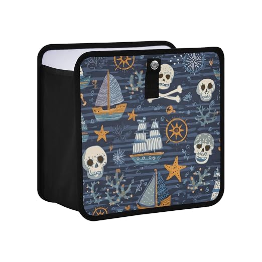 Car Trash Can Organizer Bin with Adjustable Strap for Back Front Seat Console Waterproof Leakproof Collapsible Portable 8.66 Inch Blue Pirate Skulls Sailboats Starfish and Compass