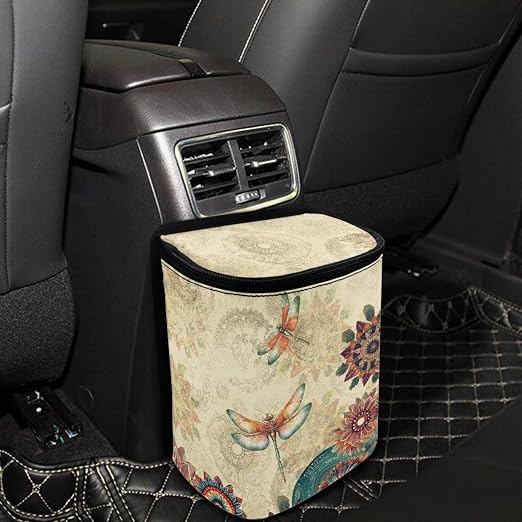 Talayituse Vintage Boho Mandala Dragonfly Print Car Trash Bin, Large Size Auto Trash Can Adjustable Portable Garbage Can with Lid, Vehicle Hanging Bag for Headrest Front Back Seat