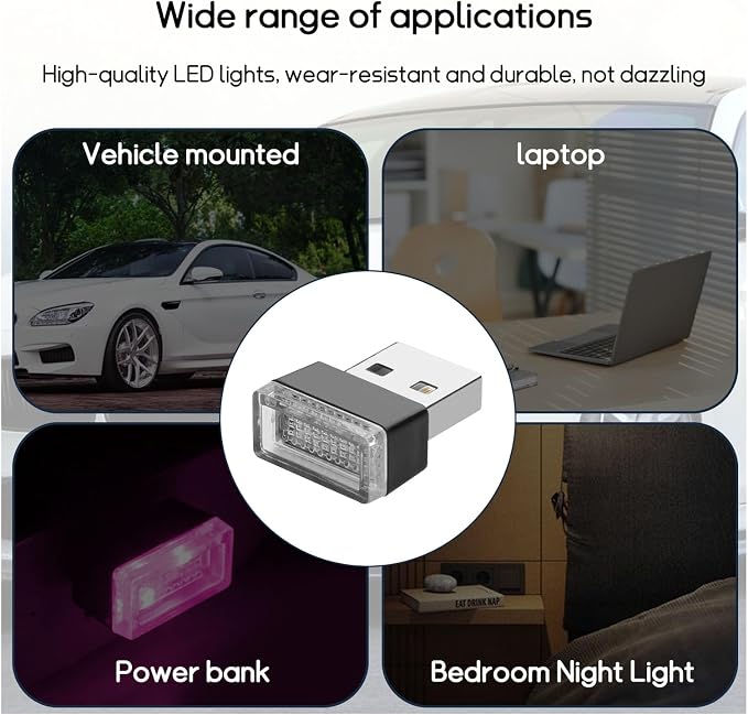 Dickno 4 PCS USB LED Car Interior Atmosphere Lamp, Portable Mini LED Ambient Night Light, Plug-in USB Interface Decor Lighting Kit, Universal Vehicle Interior Accessories (Pink)