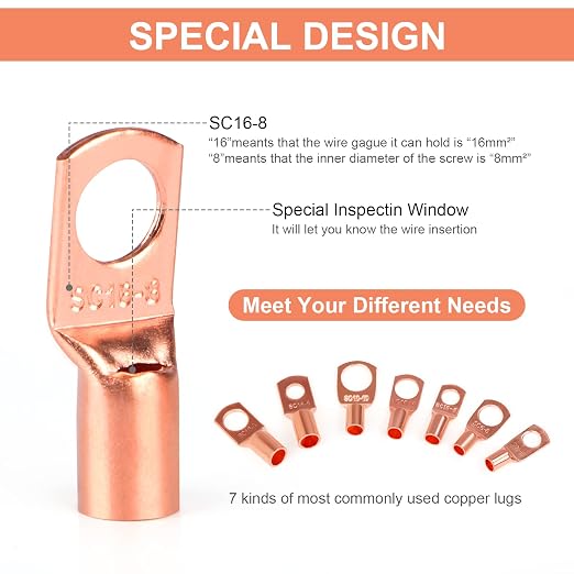 Copper Wire Lugs,Terminal Connectors,Used on AWG12 10 8 6 4 2 Cable,Heat Shrink Set,Bare Copper Eyelets,Ring Terminals Connectors,30Pcs Battery Cable Lugs Ends and 30Pcs Heat Shrink Tubing (60PCS)