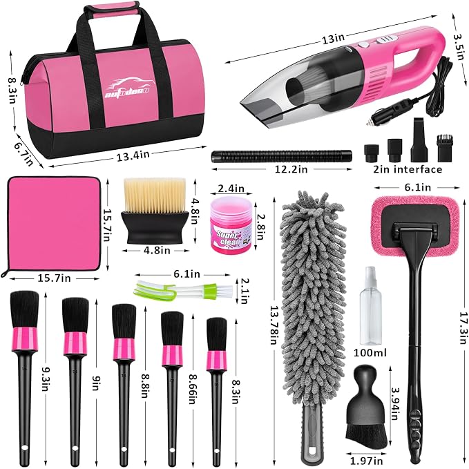 Car Cleaning Kit, Car Vacuum Interior Detailing Cleaner Kit with High Power Handheld Vacuum, Brush Set, Windshield Tool, Duster, Towels, Complete Car Care Tools for Women (Pink)