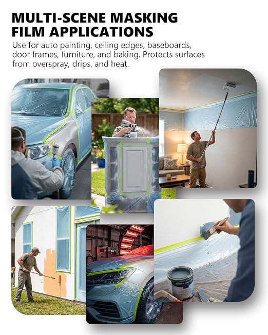 Pre-Taped Masking Film for Painting(2 Roll) - 44" x 66'Painters Plastic Sheeting with Tape and Drape, Painters Drop Cloth for Automotive & Home, Cover for Walls/Floors/Windows/Cars Protection