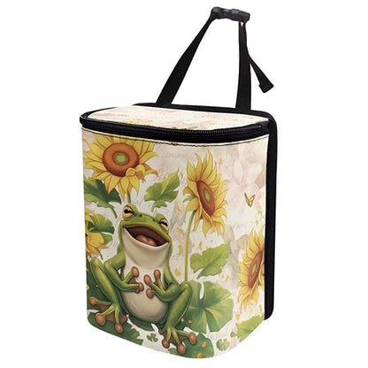 Talayituse Frog Sunflower Butterfly Print Car Trash Bin, Large Size Auto Trash Can Adjustable Portable Garbage Can with Lid, Vehicle Hanging Bag for Headrest Front Back Seat