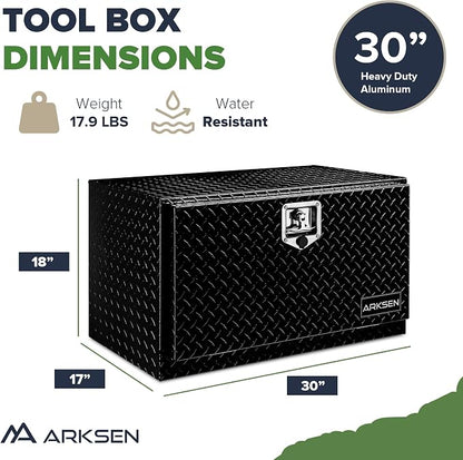 ARKSEN 30 x 17 x 18 Inch Underbody Tool Box, Heavy Duty Aluminum Diamond Plate Waterproof Square Storage Organizer Chest with T-Handle Lock & Keys for Pickup Truck, RV & Trailer – Black