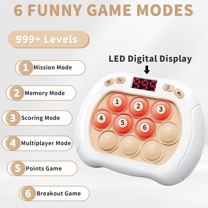 Intoypad Pop Game Light Up Fidget Toy for Kids, 6 Modes LED Screen Quick Push Game Controller Electric Fidget Popper Car Games Quick Push Bubble Games Birthday Toys for Kids White