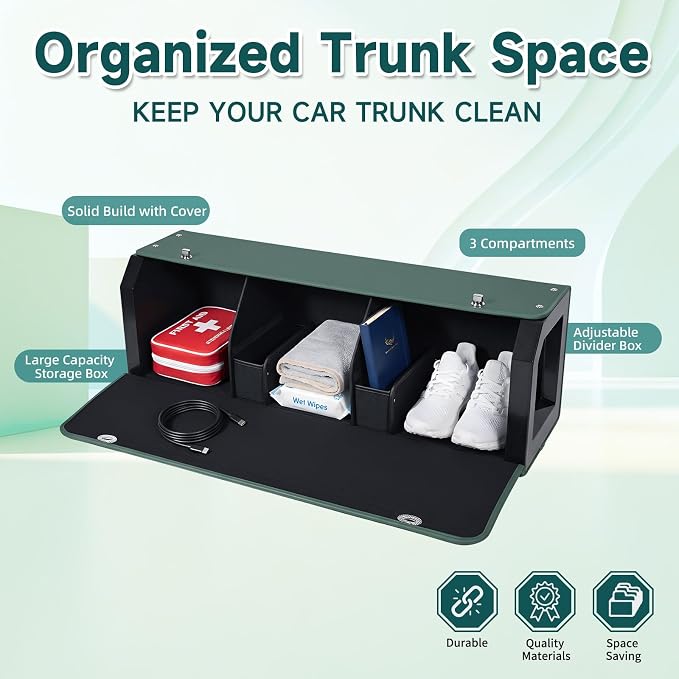 Car Trunk Organizer Sturdy Car Storage Organizer with Lid and Push-pull Handle Collapsible Leather Cargo Organizer for Suv, Truck, Sedan, Van (Green, 40.5 x 11.4 x 12.2in)