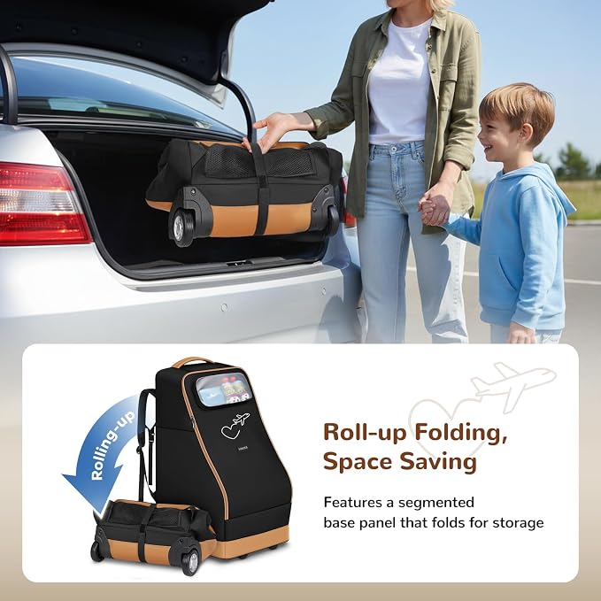 YOREPEK Foldable Car Seat Travel Bag with Wheels, Rolling Gate Check Carseat Bags for Air Travel, Padded Car Seat Carrier For Airport, Clear Pocket for Baby Travel Essentials