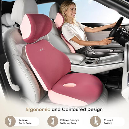 FLORICH Car Seat Cushion & Lumbar Support Pillow & Car Neck Pillow, Ergonomic Memory Foam Driving Seat Cushion for Back & Sciatica Pain Relief, Non-Slip Washable Cushion for Car, Driver, Office-Pink