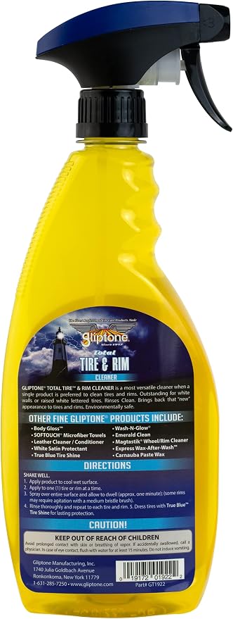 Gliptone Total Tire and Rim Cleaner Spray, 22 Fl Oz, Safe for Clear-Coated & Painted Rims, Black & White Wall Tires, Spray-On, Hose-Off, Preps Tires for Shine, Professional Strength Formula