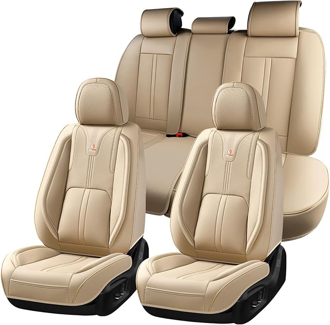 Huidasource Beige Seat Covers Luxury Nappa Leather, Car Seat Cover with Velcro Adjustable, Airbag, Lumbar Support, Cooling＆Heating, Automotive Seat Covers Universal Fit for Most Cars SUV Trucks Beige